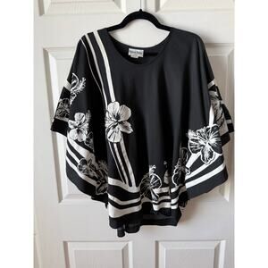 Hans Jütte Hawaii Black and White Floral Cape Pullover Lagenlook Resort Tropical